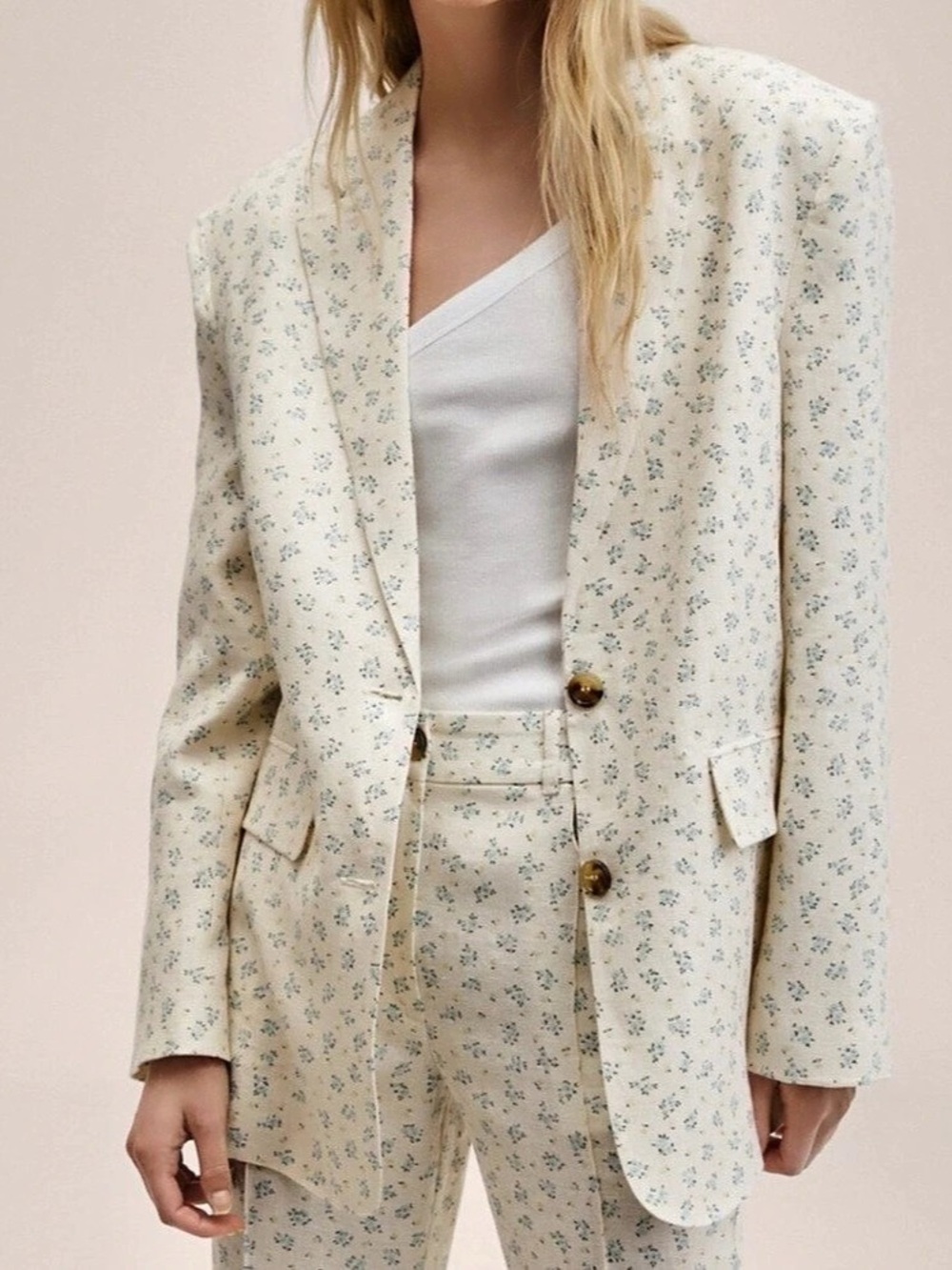 Mango Holborn Floral Linen Blazer Cream & Blue